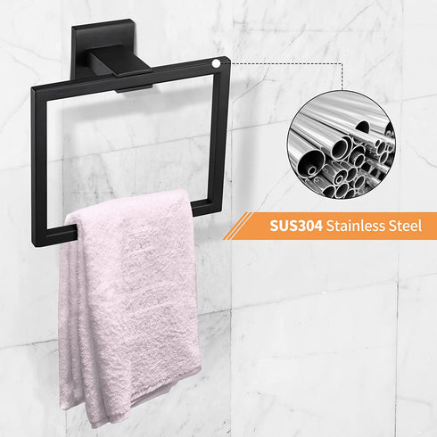 Matte Black Towel Ring SUS 304 Stainless Steel, FadimiKoo Hand Towel Holder for Bathroom, Square-Shape