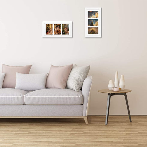 Golden State Art, 7x14 White Photo Wood Collage Frame, for (3) 4x6 Pictures, with White Mat & Real Glass