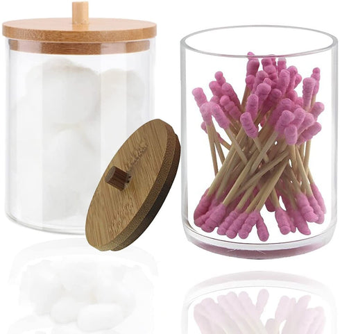 2 Pack Acrylic Qtip Holder Dispenser with Bamboo Lid,Cotton Ball Pad Round Swab Holder Apothecary Bathroom Canister Jars,Clear Plastic Vanity Organizer for Countertop Storage and Organization