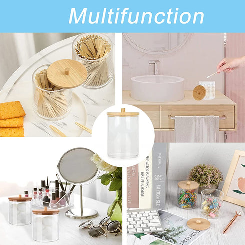 2 Pack Acrylic Qtip Holder Dispenser with Bamboo Lid,Cotton Ball Pad Round Swab Holder Apothecary Bathroom Canister Jars,Clear Plastic Vanity Organizer for Countertop Storage and Organization