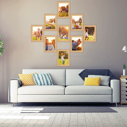 zzjdsl 5x7 picture frame collage set of 9 with Glass Front,Gallery Wall Frame Set,Home&Office Decor Wall Gallery Collage Frames?burlywood