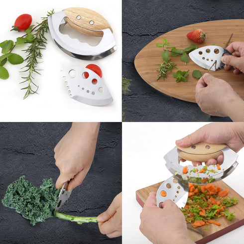 Jawanfu Hand Salad Chopper, Double Blade Sharp Mezzaluna Chopper with Protective Covers, Wooden Handle Mincer Knife, Metal Vegetable Chopper for Chopped Salad (Black)