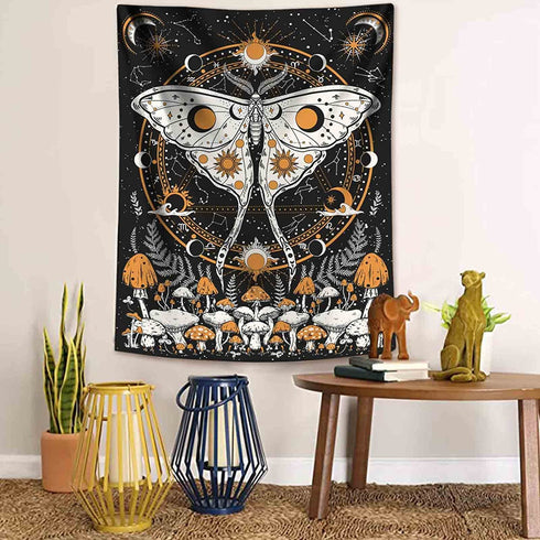 Rexful Mushroom Tapestry, Moth Tapestry Wall Hanging Sun and Moon Tapestries for Bedroom, Stars Constellation Aesthetic Art Tapestry for Living Room (60''×80'')