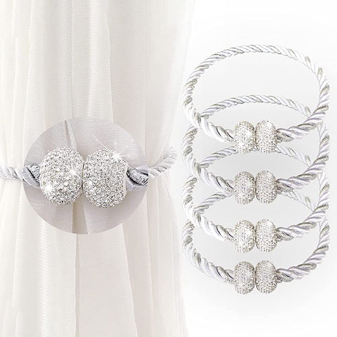 ALON Magnetic Curtain Tiebacks, Bling Curtain Holdbacks, Crystal Tie Backs for Curtains, Hold Curtains Drape Ties Backs 17 inch Holdback, No Need Drilling(Set of 4 - Silver)