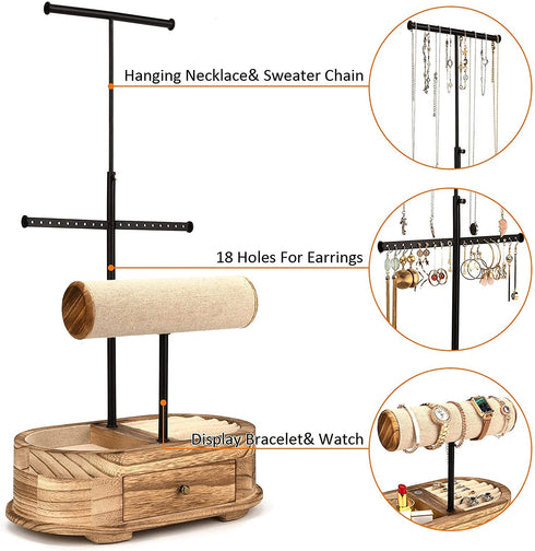 Emfogo Jewelry Organizer Tree Stand Wood Basic Jewelry Drawer Storage Box with Double Rods & 3 Tier Jewelry Holder Bracelet Organizer Necklaces Earring Ring Display(Carbonized Black)