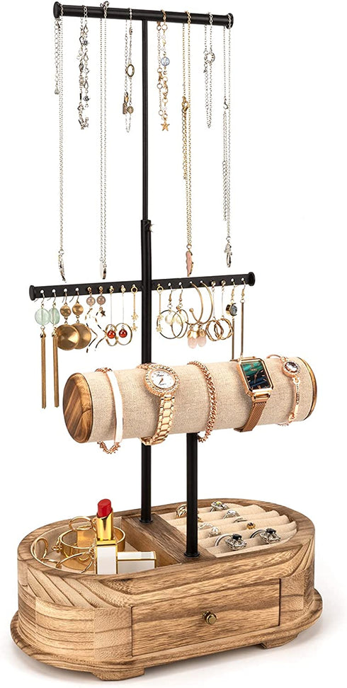 Emfogo Jewelry Organizer Tree Stand Wood Basic Jewelry Drawer Storage Box with Double Rods & 3 Tier Jewelry Holder Bracelet Organizer Necklaces Earring Ring Display(Carbonized Black)