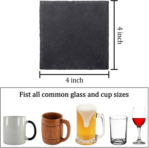 Slate Drink Coasters with Metal Holder, GOH DODD 4 Inch 8 Pieces Black Stone Coasters Bulk Cup Coaster Set for Bar Kitchen Home Apartment, Sqaure
