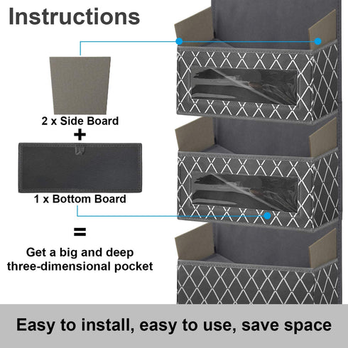 Over The Door Hanging Organizer with 5 Large Pockets,Foldable Wall Mount Fabric Storage with Clear Window and 2 Metal Hooks for Pantry,Closet,Kitchen,Nursery,Bathroom,Dorm-49.6x12.2x5 inches(Grey)
