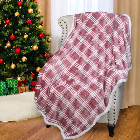 Plaid Sherpa Throw Blanket, Plush Flannel Holiday Throws for Couch Sofa Cabin Decro, Super Soft Reversible TV Blanket, Comfy Caring Gift 50"x60", Buffalo Pink
