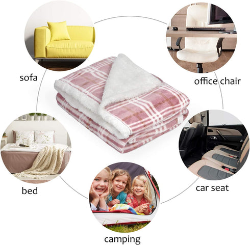 Plaid Sherpa Throw Blanket, Plush Flannel Holiday Throws for Couch Sofa Cabin Decro, Super Soft Reversible TV Blanket, Comfy Caring Gift 50"x60", Buffalo Pink