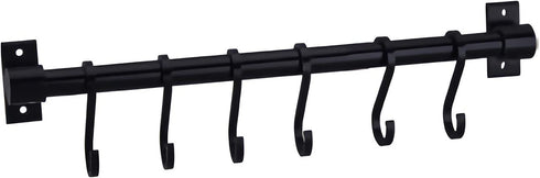 Gourmet Kitchen Utensil Rack with 6 Hooks, Wall Mounted Rail Wrought Iron Hanging Utensil Holder Rack with Removable S Hooks 16 Inch (Black-6 Hooks)