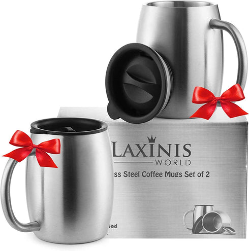 Stainless Steel Coffee Mugs with Spill Resistant Lids, 14 Oz Double Walled Insulated Coffee, Tea or Beer Cups, Set of 2