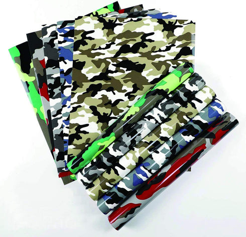 YRYM Camo HTV Heat Transfer Vinyl Bundle : 10 Pack 12" x 10" Sheets Iron on Vinyl?5 Assorted Colors Heat Transfer Camouflage Pattern Vinyl (Camouflage Green,Brown,Blue,Red,Black and White)