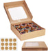 Cake Boxes 10 Inch and Stickers, (12-Pack) Kraft Bakery Box with Viewing Window for Cakes, Cupcakes, Cookies, Donuts, Pastries, and More 10x10x2.5 Brown Cake Box