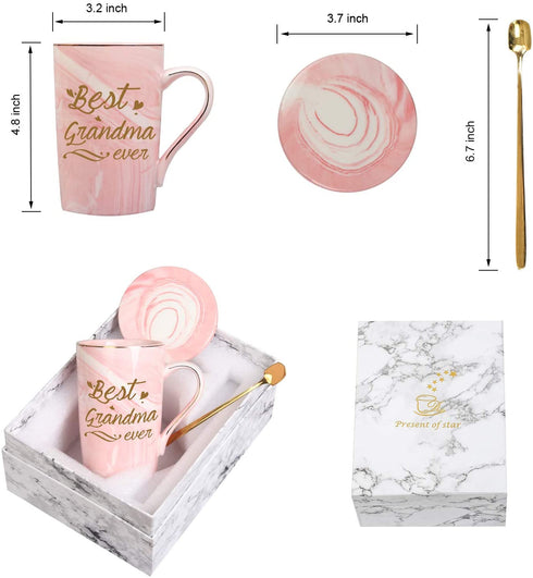 Best Grandma Ever Mug Best Grandma Coffee Mug Grandma Gifts Birthday Mothers Day Gifts for Grandma from Granddaughter Grandson Grandchildren Grandkids 14 Ounce Gift Box with Spoon and Coaster Pink