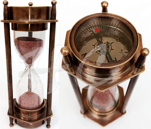 5" DECORATIVE BRASS SAND TIMER HOURGLASS WITH ANTIQUE MARITIME BRASS COMPASS