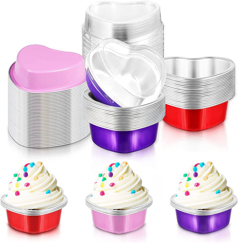 Heart Shaped Cake Pans with Lids, 3.4 Ounces/ 100 ml, Aluminum Foil Mini Disposable Heart Cupcake Pans for Valentine's Day Wedding Parties (Red, Pink, Purple,30 Sets)