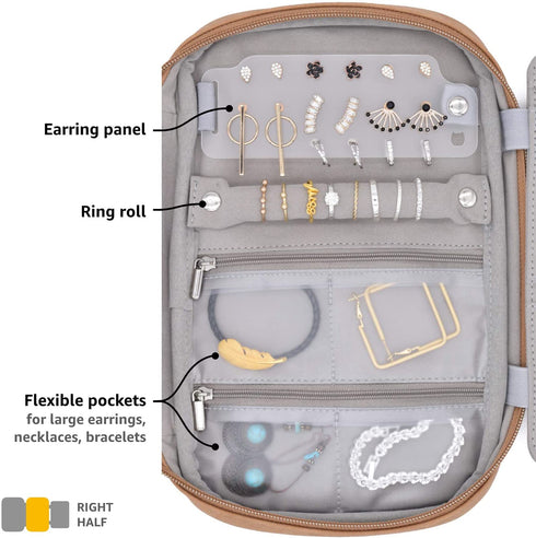 storageLAB Travel Jewelry Organizer, Faux Suede Clutch Bag for Necklaces, Earrings, Rings and Bracelets (Leather Brown)