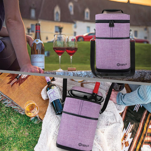 OPUX Insulated 2 Bottle Wine Tote Carrier | Padded Wine Cooler Bag for Travel Picnic BYOB | Portable Wine Bag with Shoulder Strap and Carry Handle, Wine Gifts - Purple