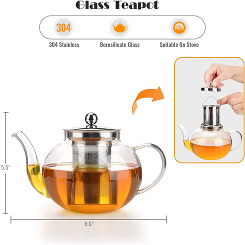 Glass Teapot With Removable Stainless Steel Infuser Premium Durable Borosilicate Glass Tea Kettle for Stovetop - Glass Flowering Tea Kettle With Infusers for loose Tea 1000 ml & Silicone Mat.