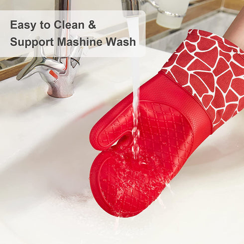 Bobalaly Silicone Oven Mitts and Pot Holders Set 500 F Heat Resistant Oven Gloves Flexible for Kitchen Cooking Baking Grilling Microwave with Quilted Liner BPA Free Non-Slip (Red)