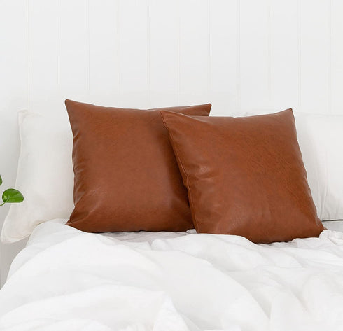 INSPIRED IVORY 18 x 18? Faux Leather Throw Pillow Covers - Set of 2 in Brown Tan - Strong Zippers, Double-Stitched, Vegan - Suits Cognac, Farmhouse, Modern - Tullulah Collection Decorative Cases