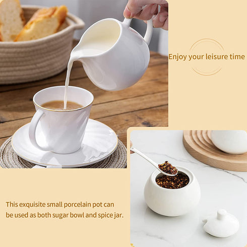 12 OZ Porcelain Sugar and Creamer Set Serving for Coffee Tea, 2 Pack Cream Pitcher with 1 Pack Sugar Bowl with Lid Spoon, White