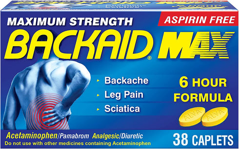 Backaid Max Relief Caplets, Aspirin-Free Pain Relief from Backache, Sciatica, and Leg Pain, Long-Lasting 6 Hour Formula, Analgesic/Diuretic 38 Count