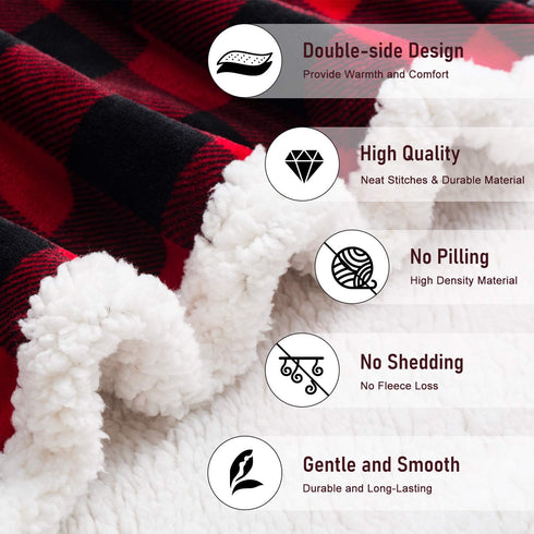BEAUTEX Sherpa Fleece Throw Blanket, Super Soft Warm Buffalo Plaid Plush Blankets and Throws, Lightweight Cozy Fuzzy Blanket for Couch Sofa Bed (Red, Throw 50" x 60" )