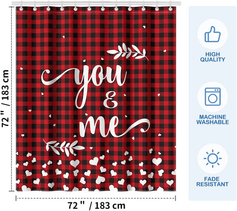 AVOIN colorlife Valentine's Day Red Shower Curtain, 72 x 72 Inch You and Me Buffalo Plaid Decorative Waterproof Bath Curtain Set with 12 Hooks