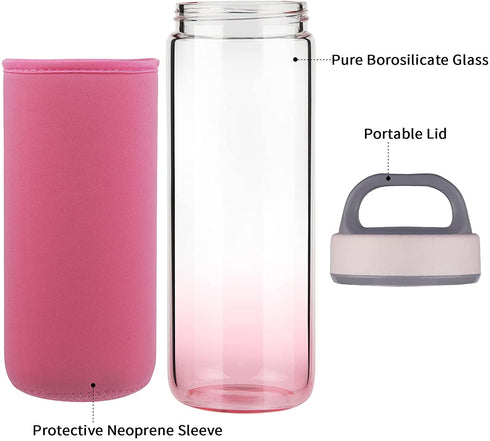 Life4u Reusable Borosilicate Glass Water Bottle Wide Mouth with Neoprene Sleeve Glass Drinking Bottle BPA Free (Pink)