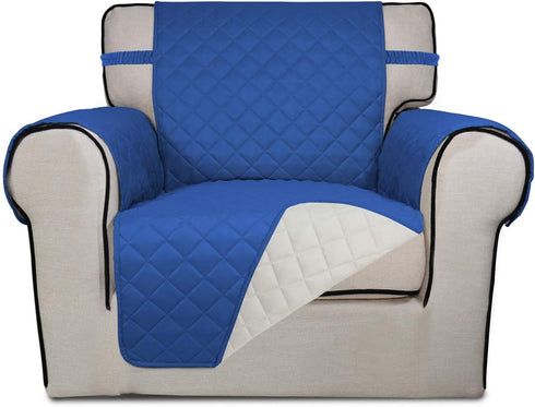 PureFit Reversible Quilted Sofa Cover, Water Resistant Slipcover Furniture Protector, Washable Couch Cover with Non Slip Foam and Elastic Straps for Kids, Pets (Chair, Classic Blue/Ivory)