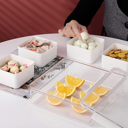 MineSign Snack Container Divided Veggie Serving Tray with Lid Salad Keeper with 4 Removable Boxes Stackable Refrigerator Organizer Bins Food Storage Organizer Produce Saver for Meal Prep
