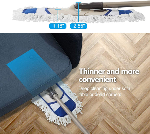 Eyliden Dust Mop with 2 Reusable Washable Pads - One Touch Replacement, Height Adjustable Handle, Wet & Dry Mops for Floor Cleaning, Hardwood, Laminate, Tile Flooring Push Dust Broom (Blue)