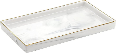 Luxspire Bathroom Vanity Tray, Golden Rimmed Jewelry Organizer rectangle Ceramic Tray, Kitchen Countertop Ring Dish Holder Cosmetic Organizer plate for Candles Perfume Home D©cor, Medium, Marble White