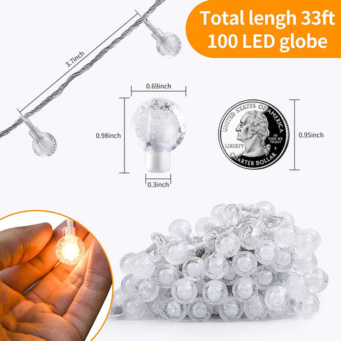 Christmas Lights Outdoor/Indoor String Lights Connectable Plug in 33 FT 100 LED Mini Crystal Globe Bulbs Christmas Lights for Tree with Remote Control 8 Lighting Modes for Christmas Decor Warm White