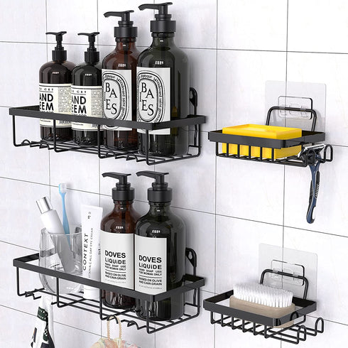 Awegety 2 Pack Shower Caddy and 2 Soap Holders, Shower Organizer with Hooks Rustproof Stainless Steel Bathroom Shower Shelf with Adhesives and Screws, Shower Racks for Bathroom Kitchen Bedroom