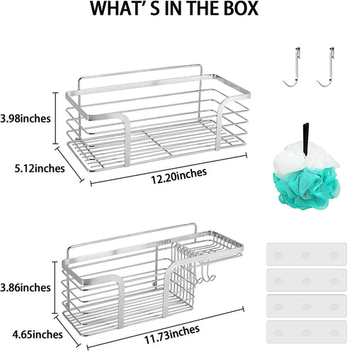Shower Caddy Shelf Organizer 2-Pack with Soap Dishes, No Drilling Wall Mounted Shower Organizer with 4 Adhesives and 4 Hooks, SUS304 Stainless Steel Shower Storage Rack for Bathroom, Kitchen(Silver)