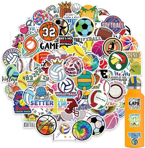 100PCS Sports Stickers, Volleyball Basketball Football Stickers Mixed Vinyl Waterproof Stickers for Water Bottles Laptop Computer Skateboard MacBook for Teens and Adults