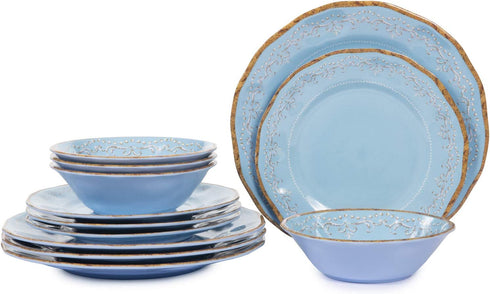Melamine Dinnerware Sets, 12 PCS Dishwasher Safe 100% Melamine Dinner Plates, Dishes, and Bowls Set for Indoor and Outdoor Use