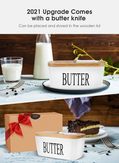 AISBUGUR Large Butter Dish with Lid Ceramics Butter Keeper Container with Knife and High- quality Silicone Sealing Butter Dishes with Covers Good Kitchen Gift White