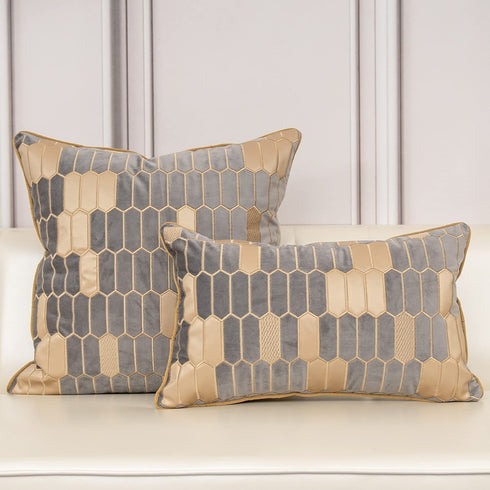 Aeckself 20 x 20 Inch Grey Beige Leather Geometric Plaid Embroidery Velvet Cushion Case Luxury Modern Square Throw Pillow Cover Decorative Pillow for Couch Living Room Bedroom Car 50 x 50cm