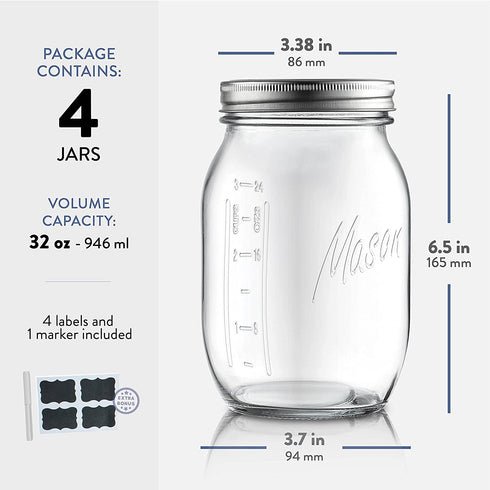 Wide-Mouth Glass Mason Jars, 32-Ounce (4-Pack) Glass Canning Jars with Silver Metal Airtight Lids and Bands with Chalkboard Labels, for Canning, Preserving, Meal Prep, Overnight Oats, Jam, Jelly,