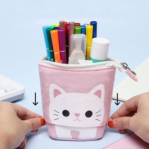 GFPGYQ Standing Pencil Case for Girls, Boba Cat Pop Up Pencil Case Cute Telescopic Pen Pouch Holder Canvas Zip Kawaii, Kids Students Gifts 3 Packs