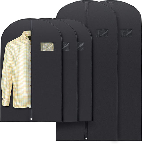 Plixio Garment Bags Suit Bag for Travel and Clothing Storage of Dresses, Dress Shirts, Coats” Includes Zipper and Transparent Window (Black- 5 Pack: Mixed Sizes)