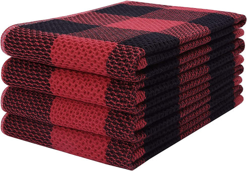 Mordimy 100% Cotton Waffle Weave Buffalo Plaid Kitchen Towels, 13 x 28 Inches, Super Soft and Absorbent Dish Towels for Drying Dishes, 4-Pack, Black & Red