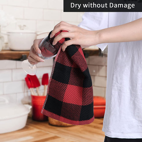 Mordimy 100% Cotton Waffle Weave Buffalo Plaid Kitchen Towels, 13 x 28 Inches, Super Soft and Absorbent Dish Towels for Drying Dishes, 4-Pack, Black & Red