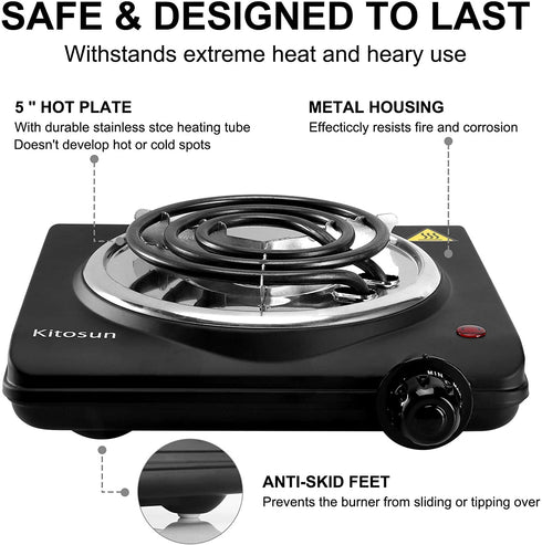 Single Hot Plate Charcoal Coal Burner Electric Stove Portable Fast Heating with Adjustable Temperature Control & Stainless Steel Grill for Cooking Camping (1000W)