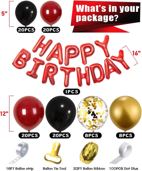 Red and Black Gold Balloons Birthday Valentines Day Party Decorations for Women, Red and Black Gold Balloon Garland Arch Kit, 18th 21st 30th 40th 50th 60th Birthday Party Decorations for Women Her