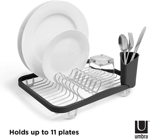 Umbra 330065-744 Sinkin Drying Rack Dish Drainer Caddy with Removable Cutlery Holder Fits in Sink or on Counter top, Medium, Black/Nickel